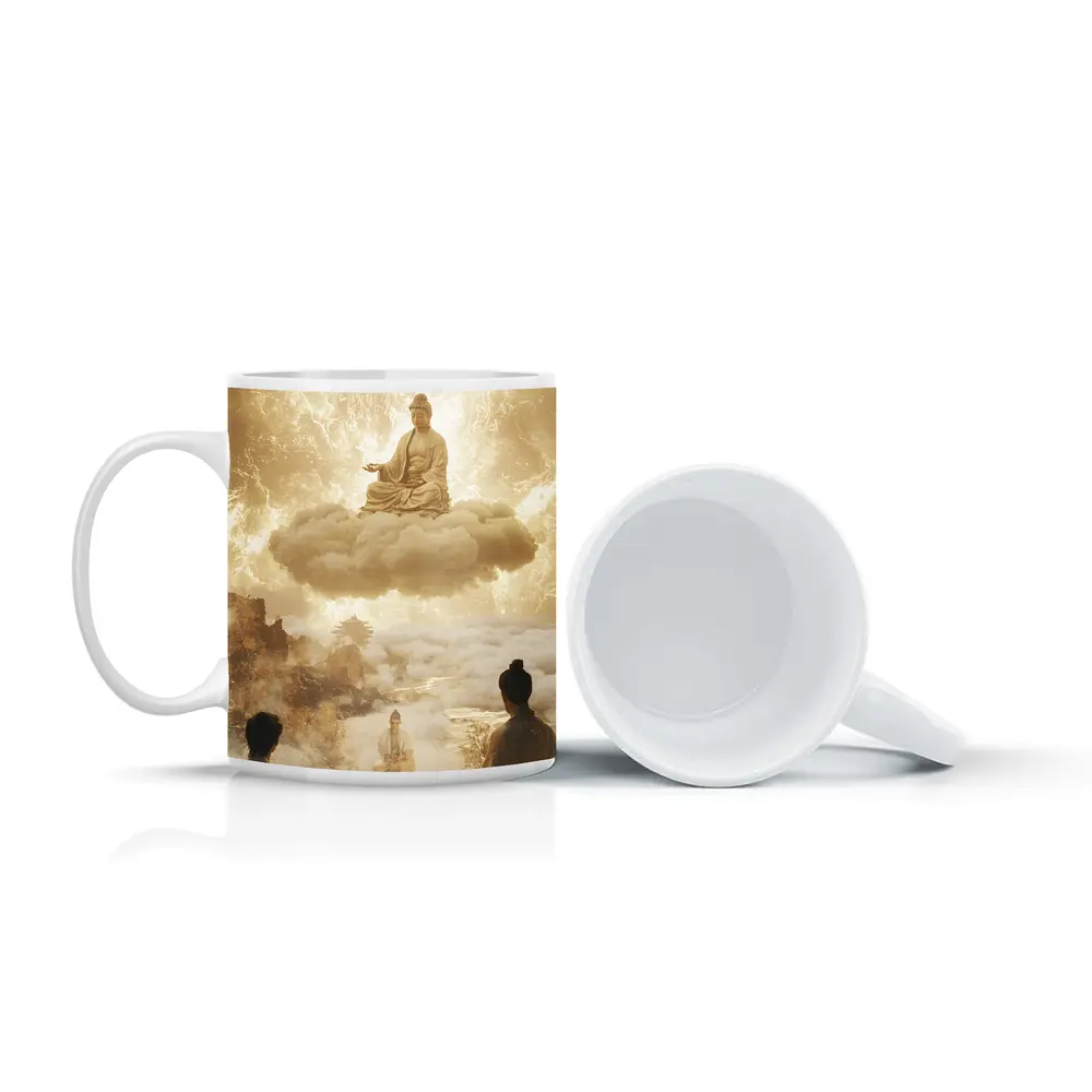Buddha Meditating on Cloud Golden Celestial Scene – Mugs