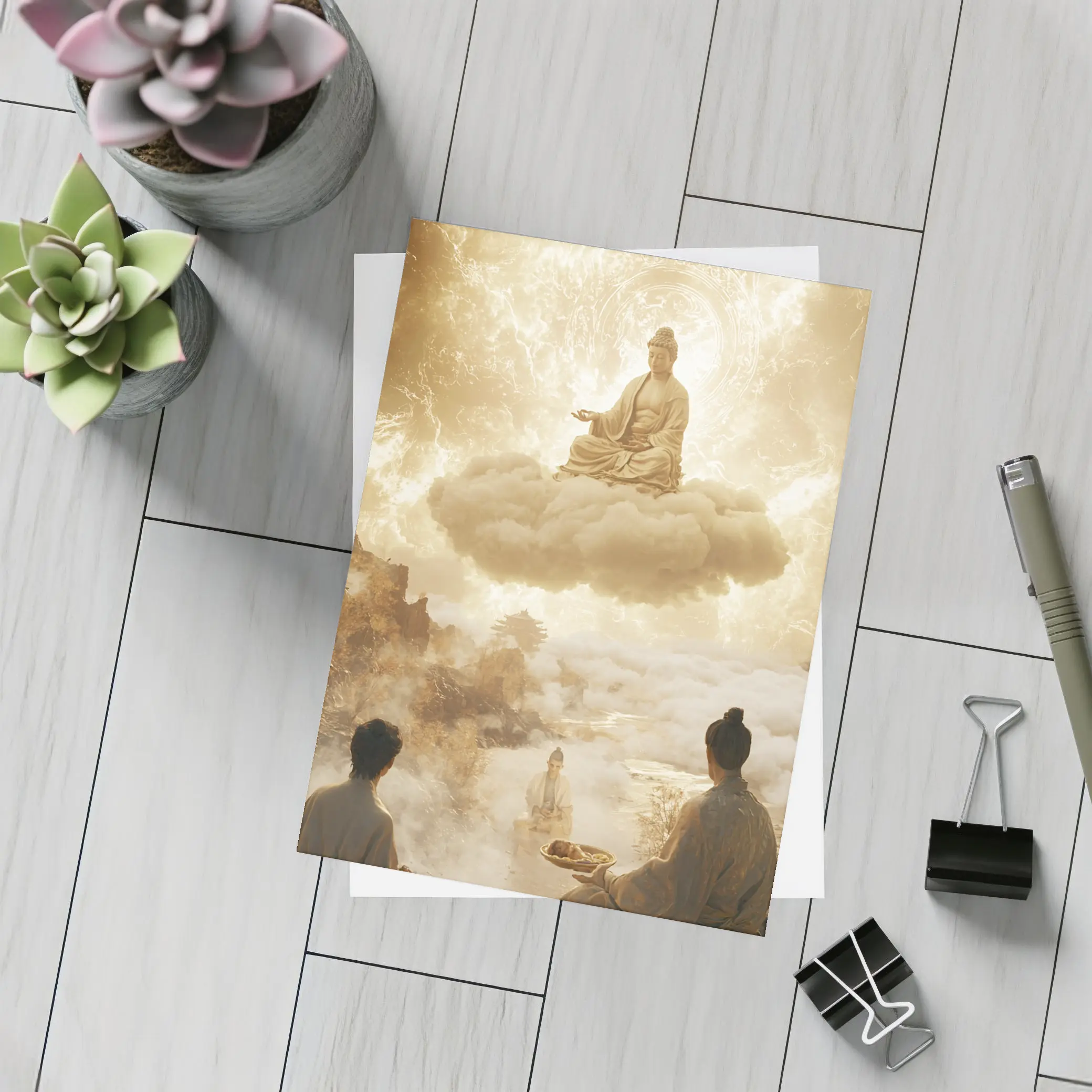 Buddha Meditating on Cloud Golden Celestial Scene – Postcards