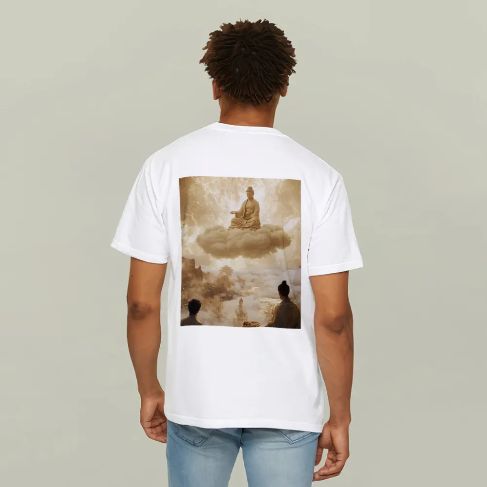 Buddha Meditating on Cloud Golden Celestial Scene – T-Shirts