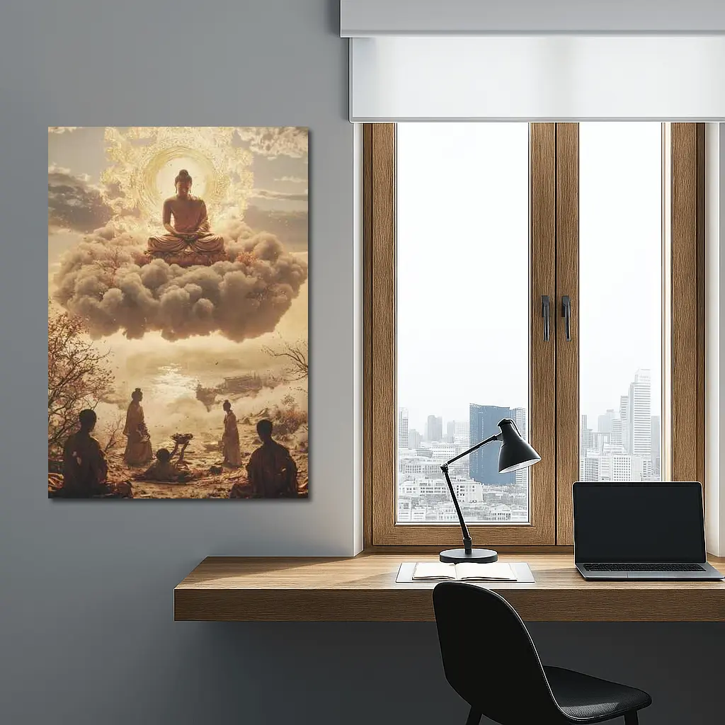 Golden Buddha Floating Above Worshippers Scene – Wall Art