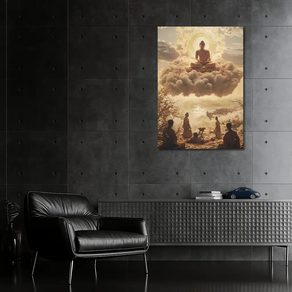 Golden Buddha Floating Above Worshippers Scene – Wall Art