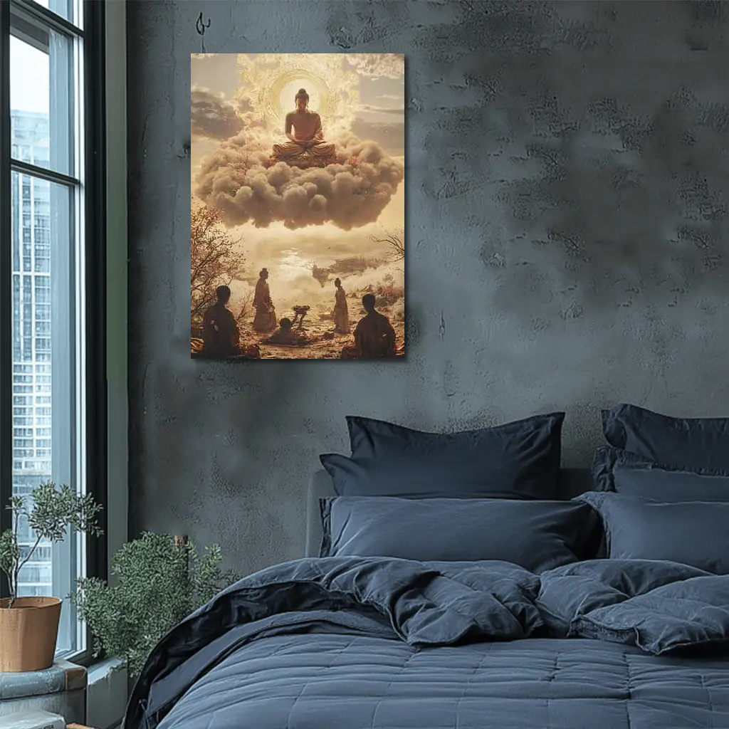Golden Buddha Floating Above Worshippers Scene – Wall Art