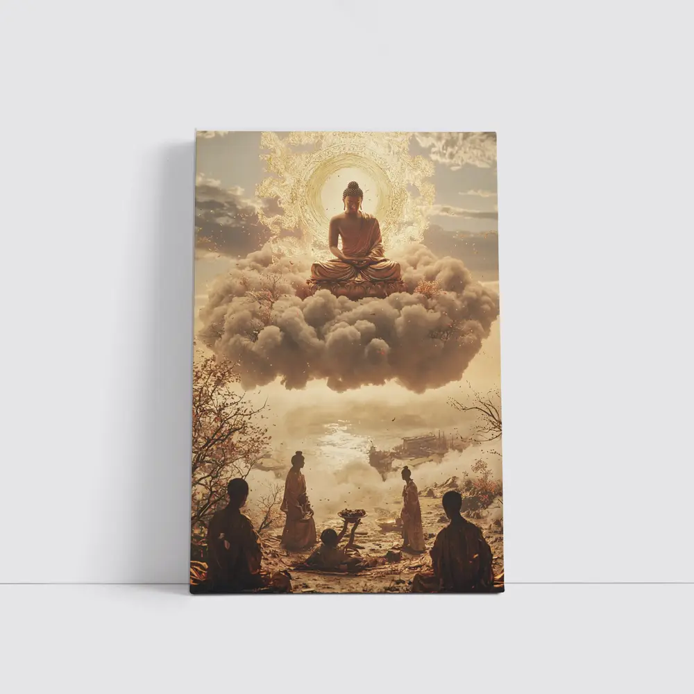 Golden Buddha Floating Above Worshippers Scene – Wall Art