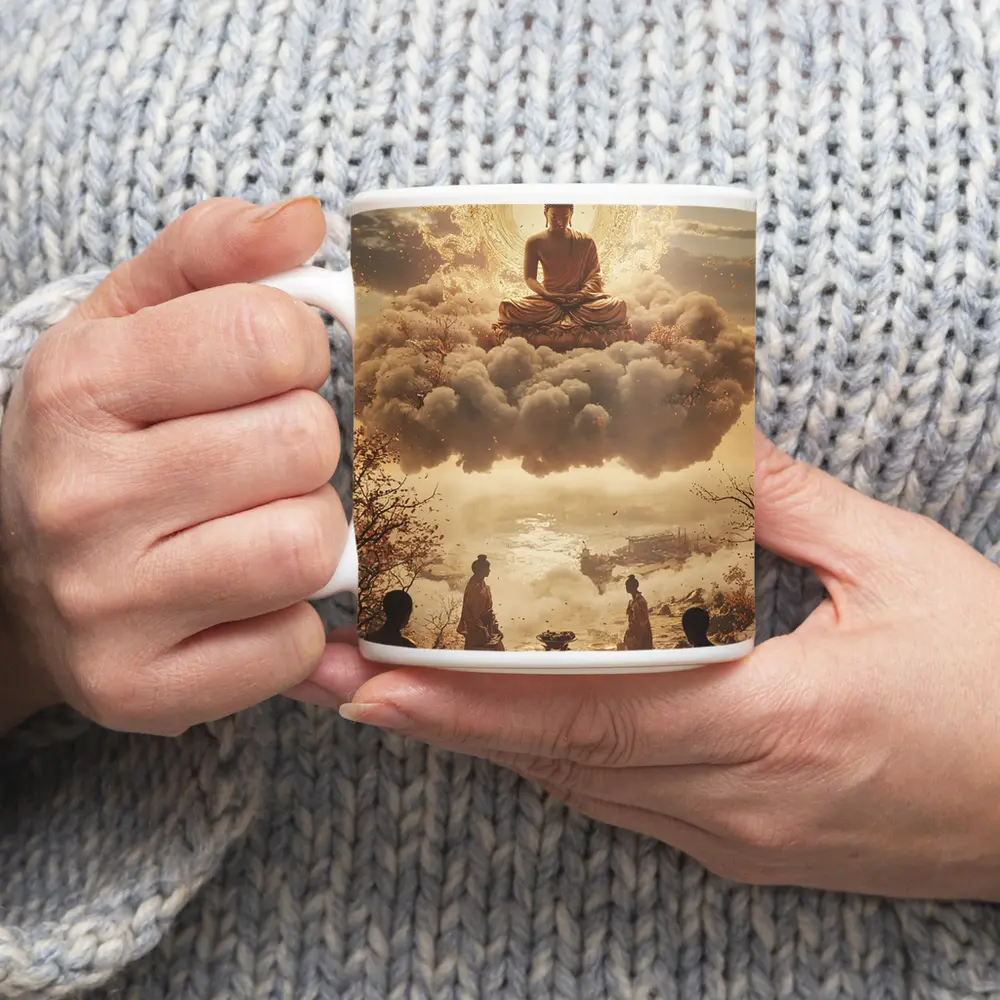 Golden Buddha Floating Above Worshippers Scene – Mugs