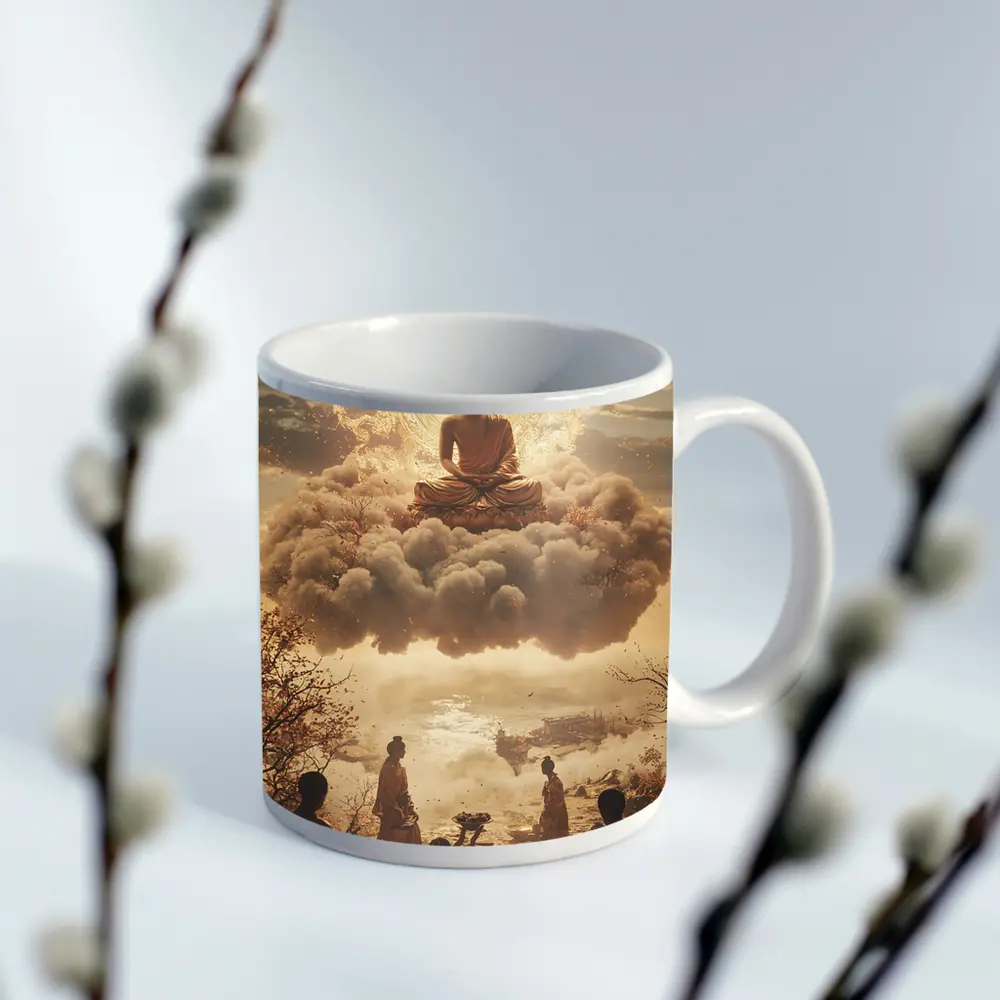 Golden Buddha Floating Above Worshippers Scene – Mugs