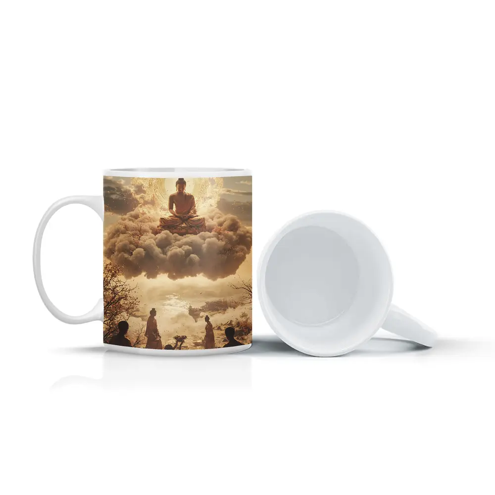 Golden Buddha Floating Above Worshippers Scene – Mugs