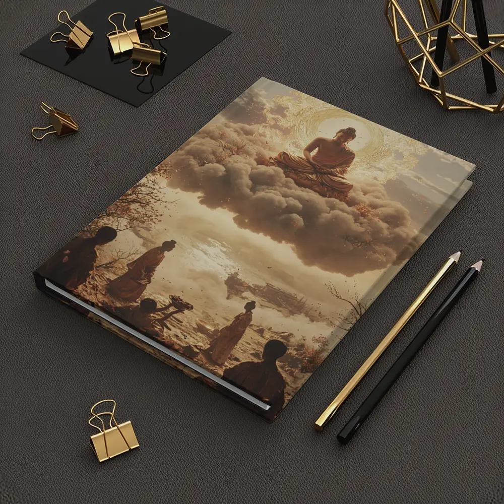Golden Buddha Floating Above Worshippers Scene – Notebooks