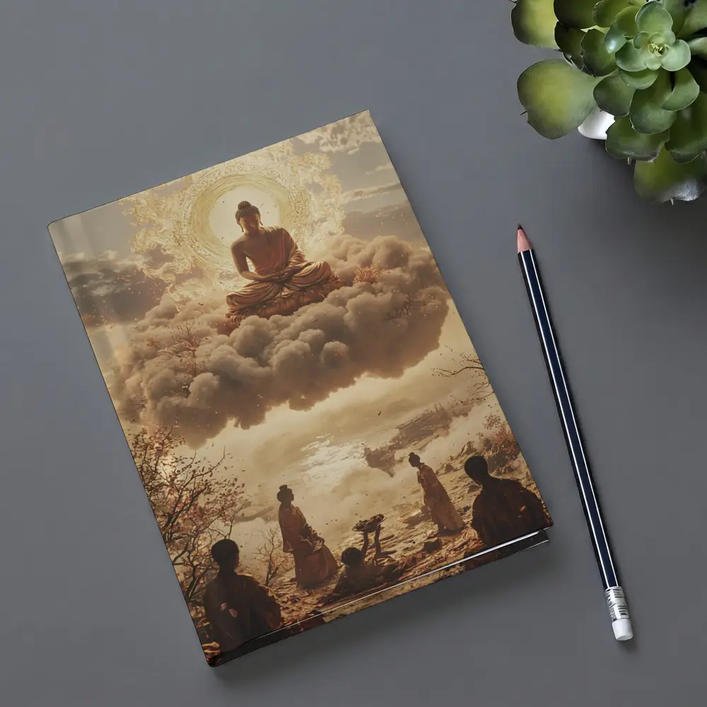 Golden Buddha Floating Above Worshippers Scene – Notebooks