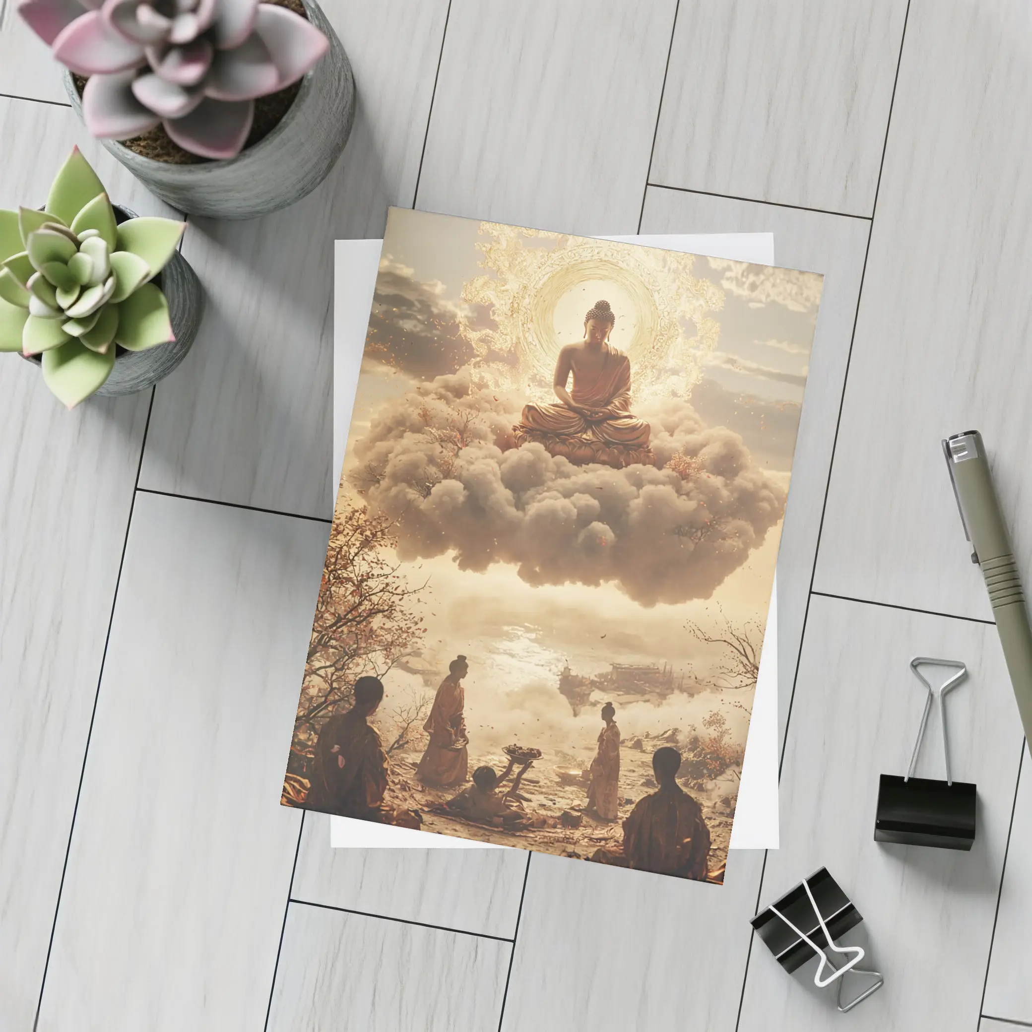 Golden Buddha Floating Above Worshippers Scene – Postcards