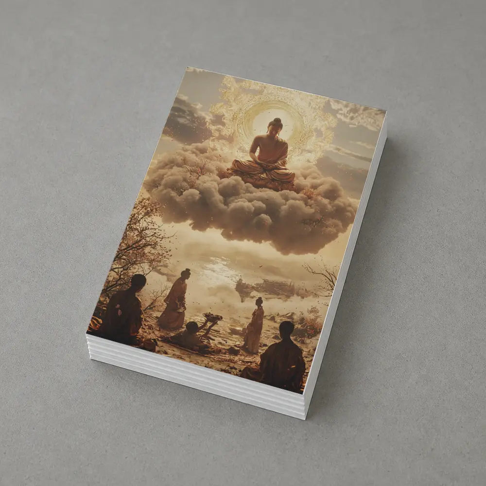 Golden Buddha Floating Above Worshippers Scene – Postcards