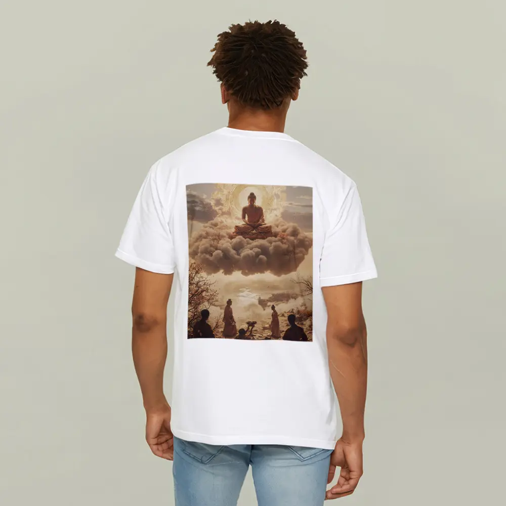 Golden Buddha Floating Above Worshippers Scene – T-Shirts