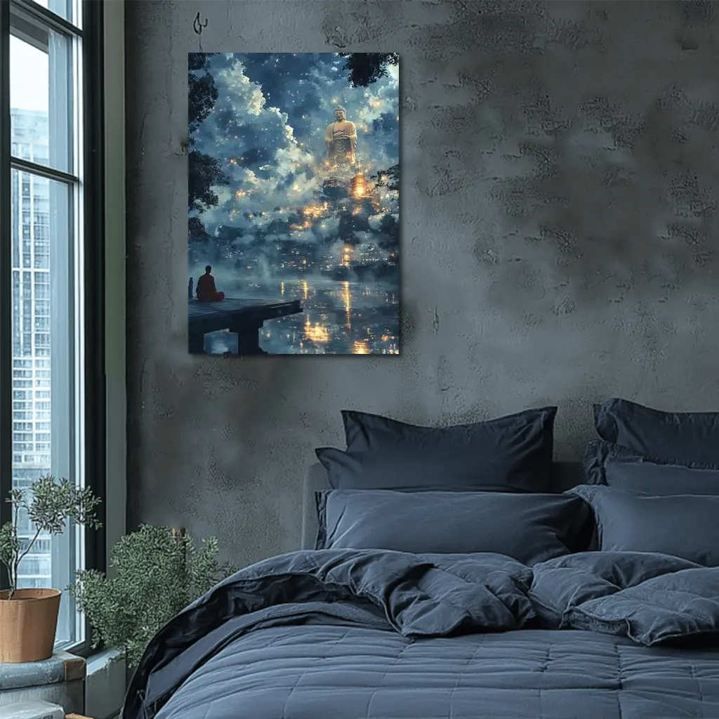 Buddhist Monk Meditating Giant Buddha Misty Night – Wall Art