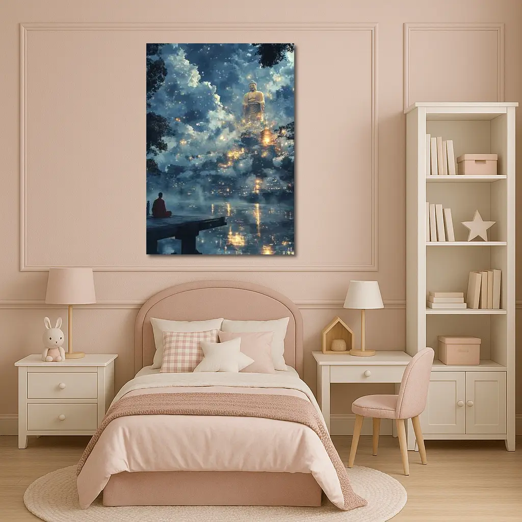 Buddhist Monk Meditating Giant Buddha Misty Night – Wall Art