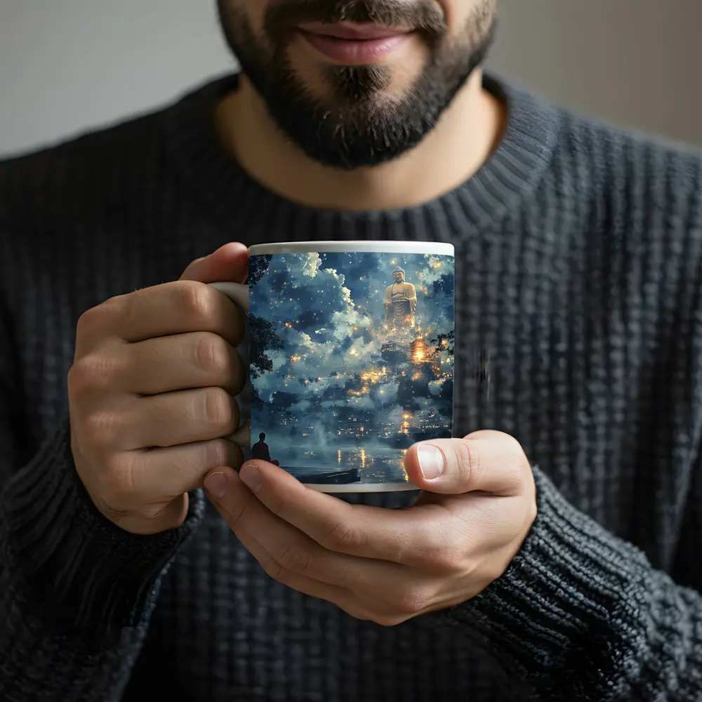 Buddhist Monk Meditating Giant Buddha Misty Night – Mugs