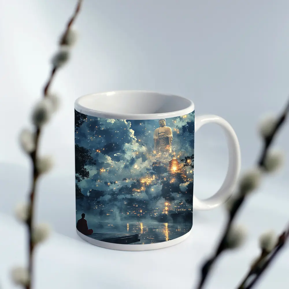 Buddhist Monk Meditating Giant Buddha Misty Night – Mugs