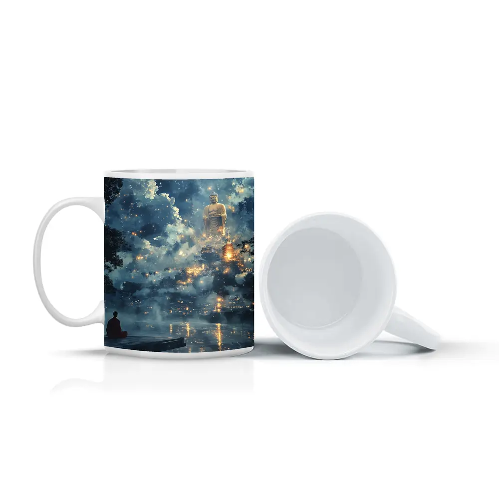 Buddhist Monk Meditating Giant Buddha Misty Night – Mugs