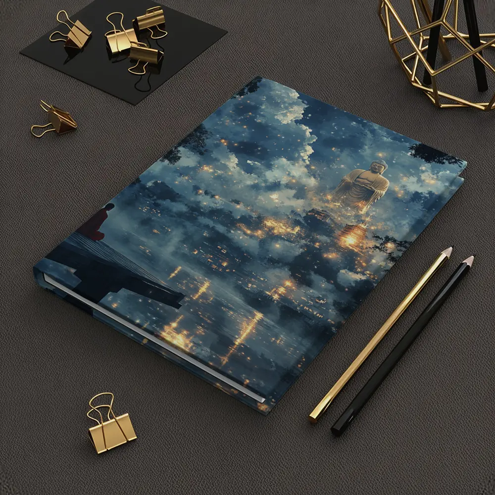 Buddhist Monk Meditating Giant Buddha Misty Night – Notebooks