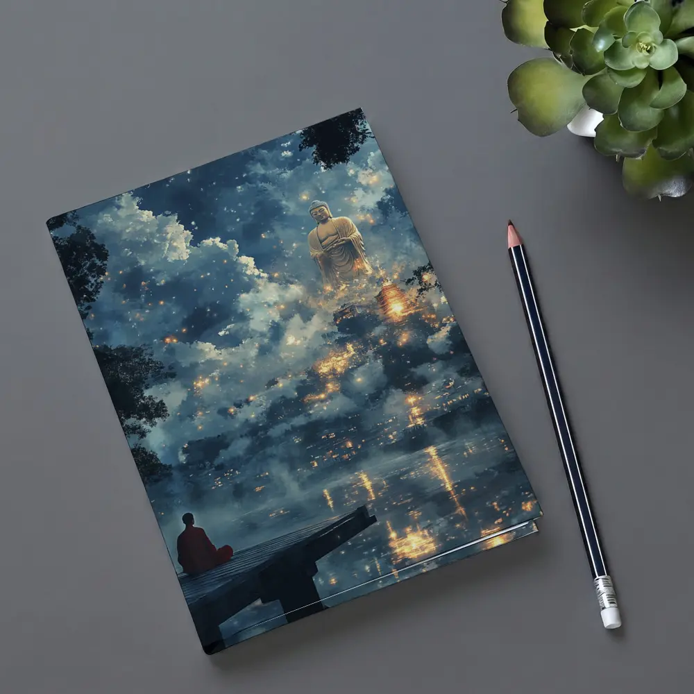 Buddhist Monk Meditating Giant Buddha Misty Night – Notebooks