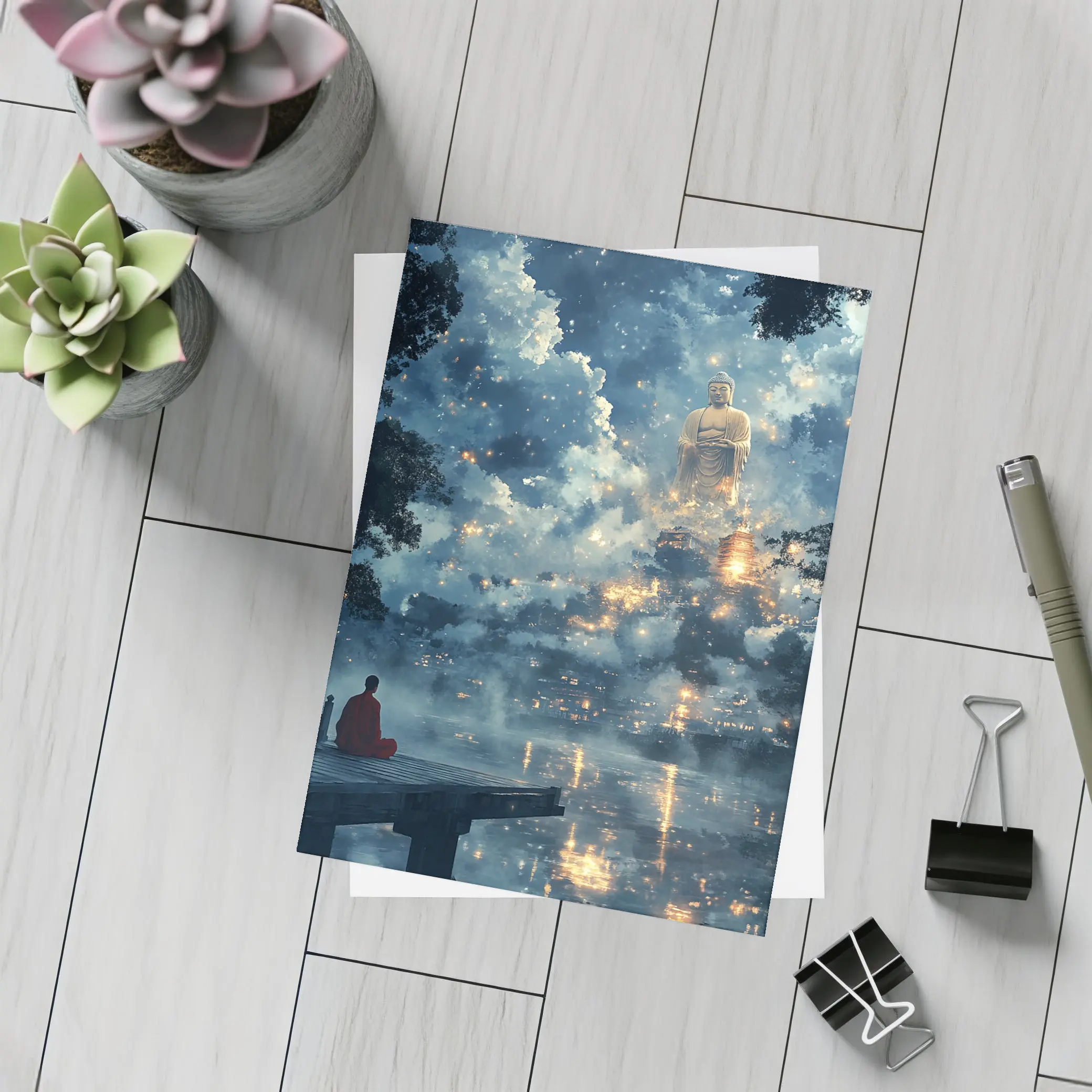Buddhist Monk Meditating Giant Buddha Misty Night – Postcards