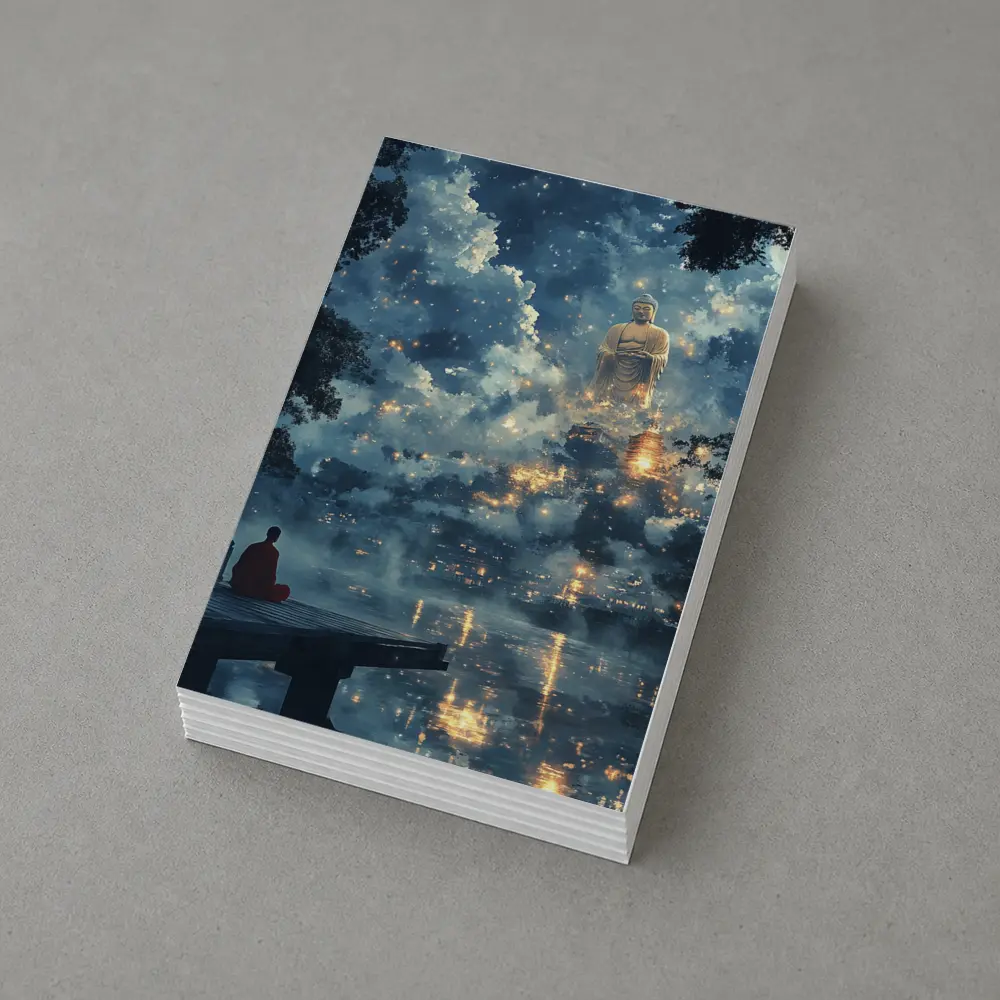 Buddhist Monk Meditating Giant Buddha Misty Night – Postcards