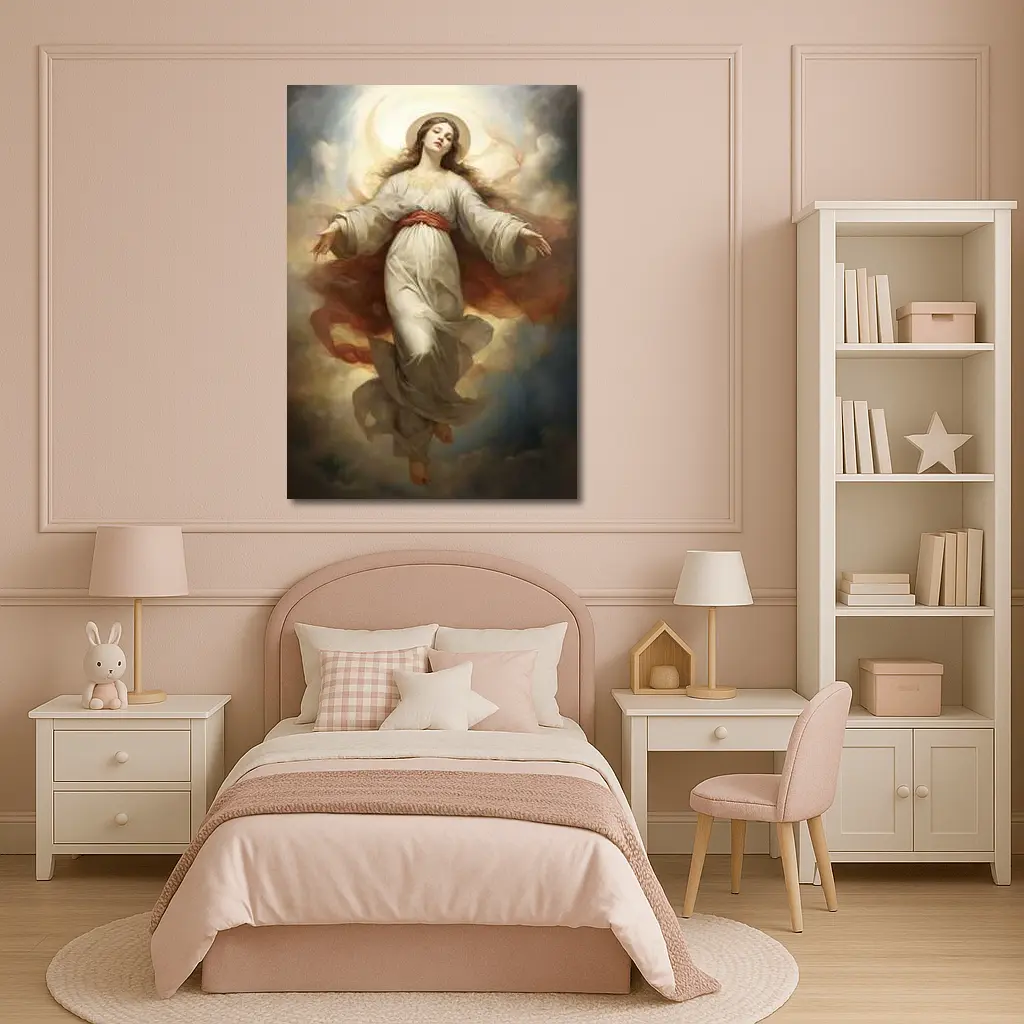 Virgin Mary Ascending Through Heavenly Clouds Art – Wall Art