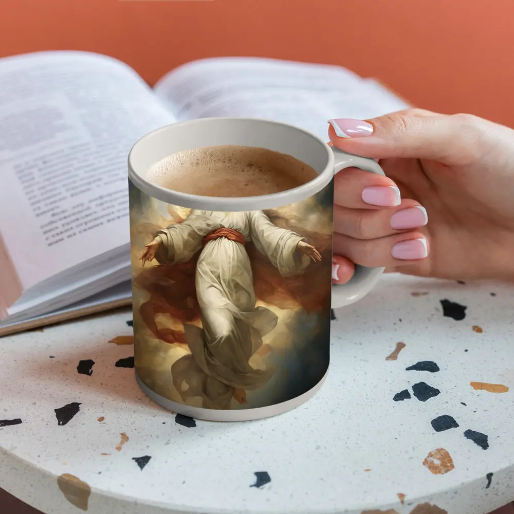 Virgin Mary Ascending Through Heavenly Clouds Art – Mugs