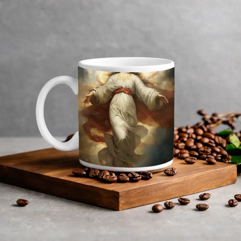 Virgin Mary Ascending Through Heavenly Clouds Art – Mugs