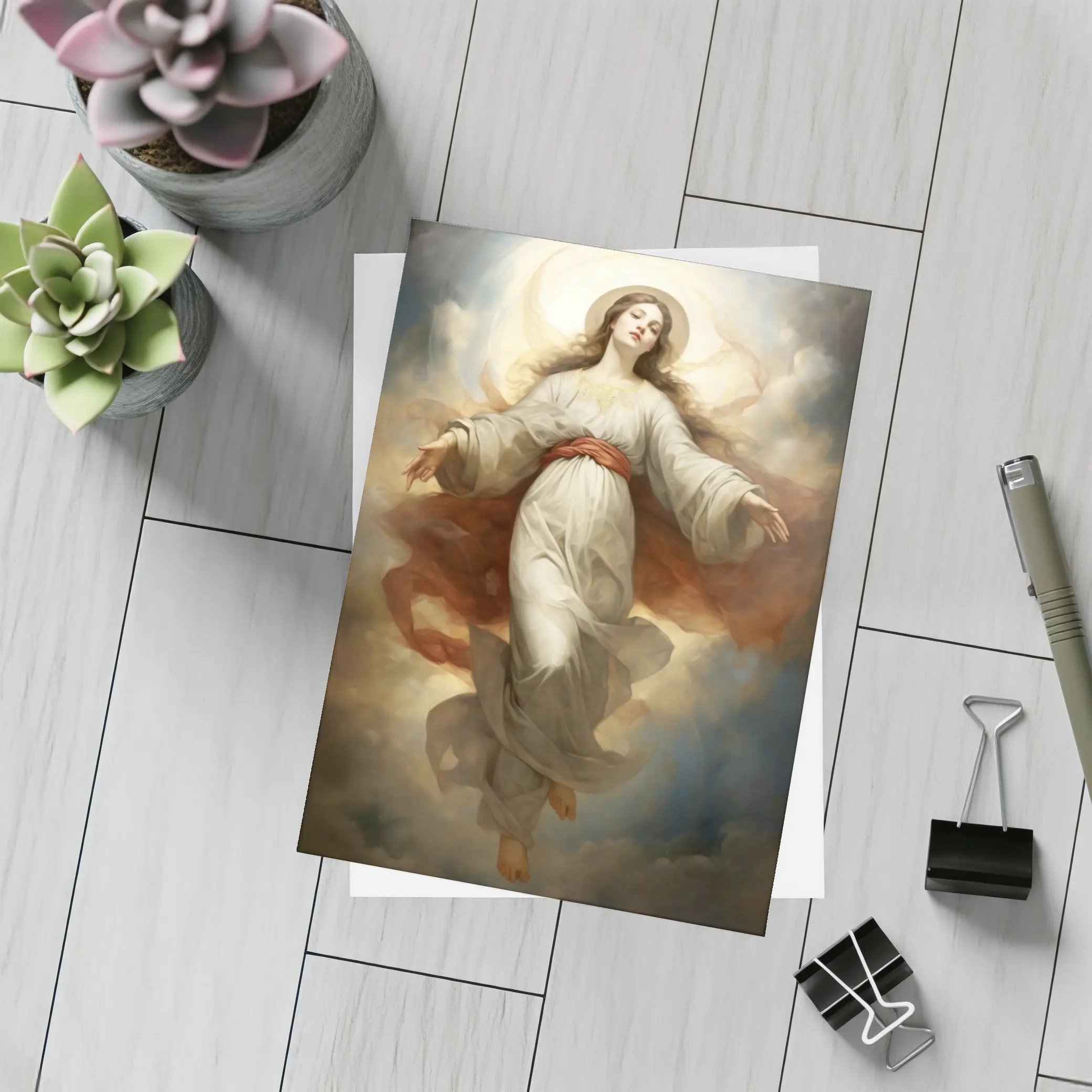 Virgin Mary Ascending Through Heavenly Clouds Art – Postcards