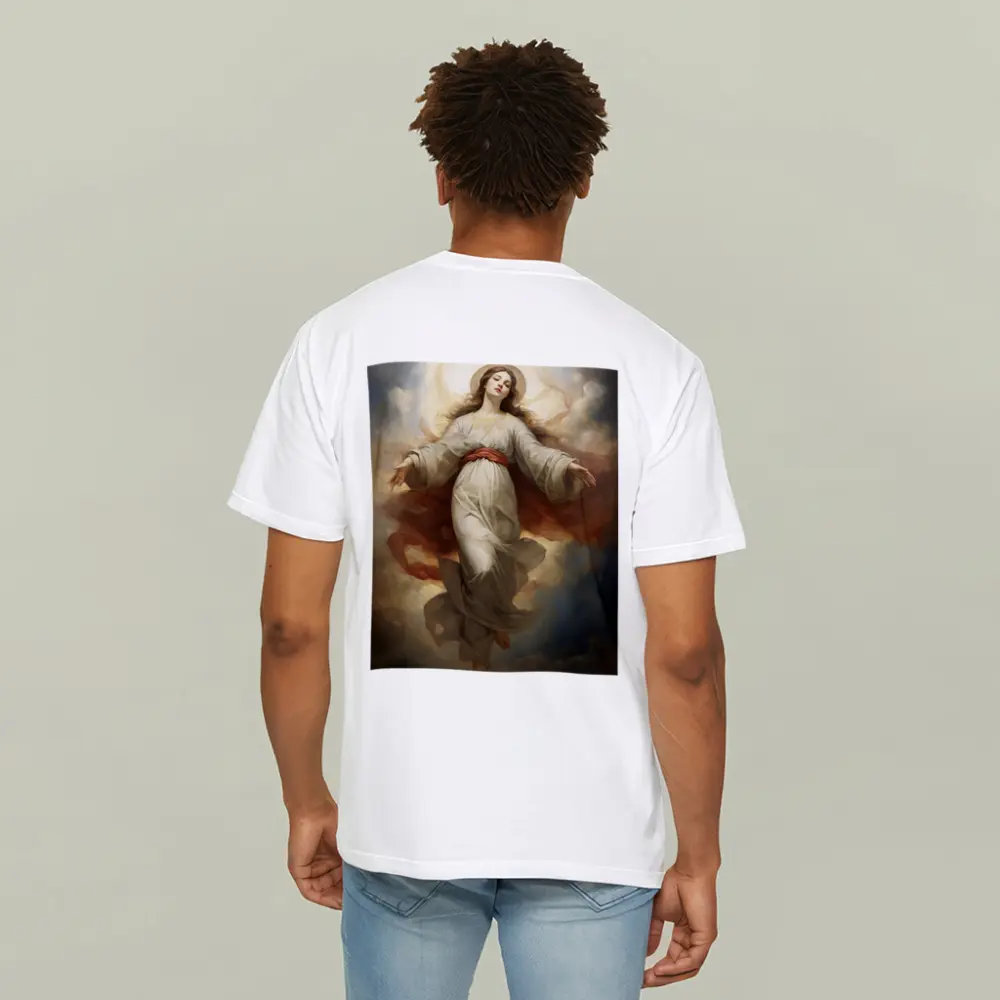 Virgin Mary Ascending Through Heavenly Clouds Art – T-Shirts