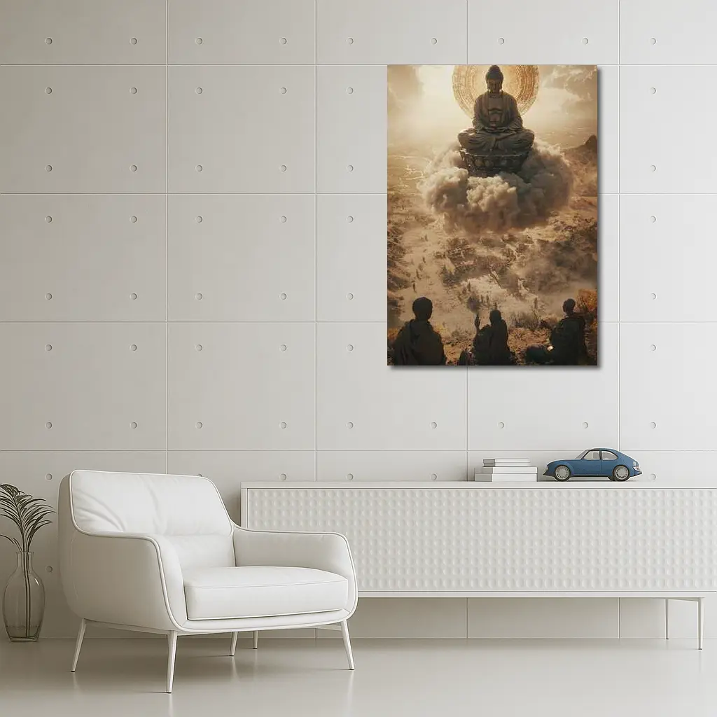 Giant Buddha Meditating Above Dusty Ancient Ruins – Wall Art