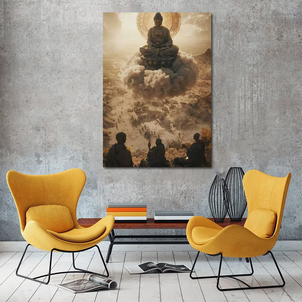 Giant Buddha Meditating Above Dusty Ancient Ruins – Wall Art