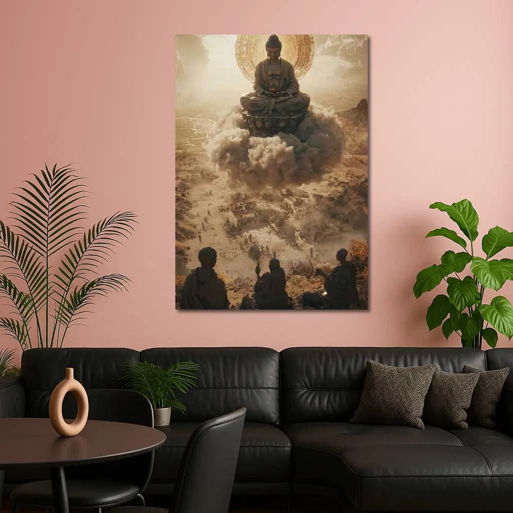 Giant Buddha Meditating Above Dusty Ancient Ruins – Wall Art