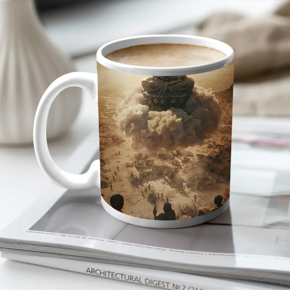 Giant Buddha Meditating Above Dusty Ancient Ruins – Mugs