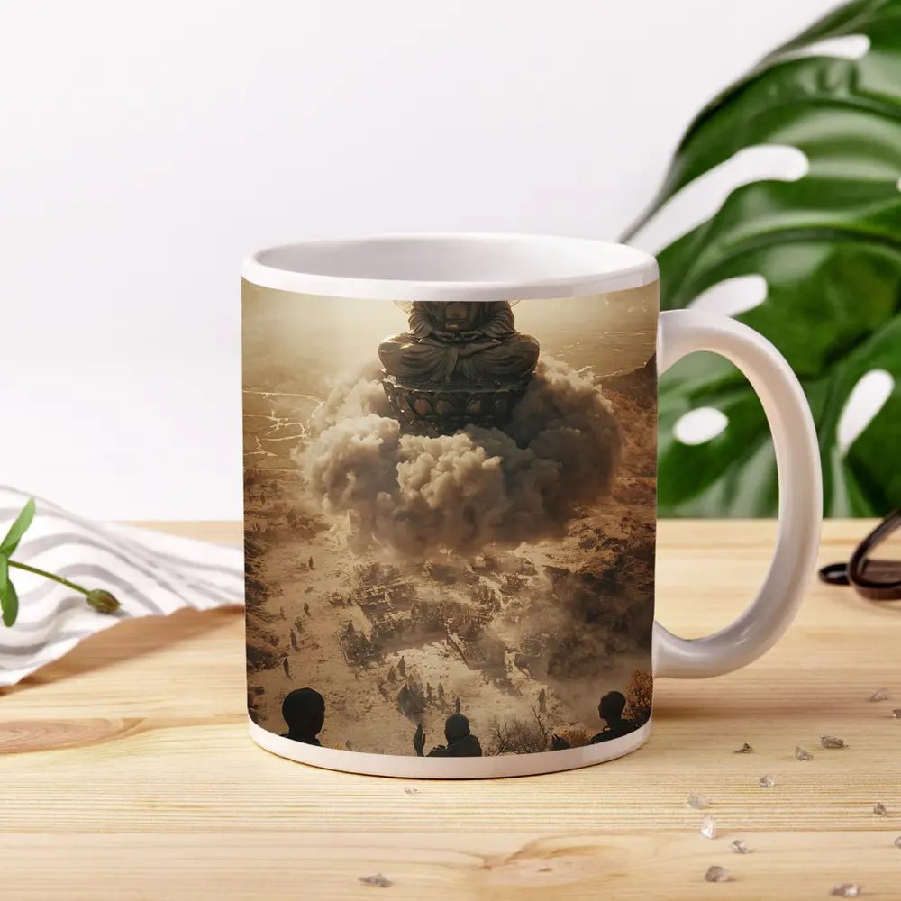 Giant Buddha Meditating Above Dusty Ancient Ruins – Mugs