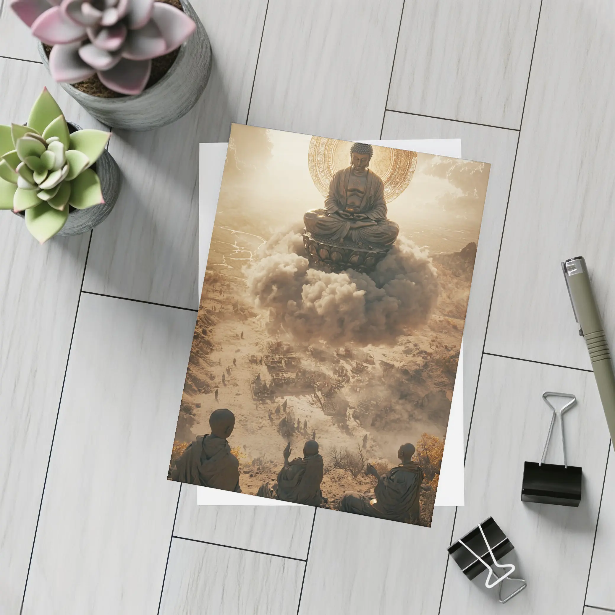 Giant Buddha Meditating Above Dusty Ancient Ruins – Postcards