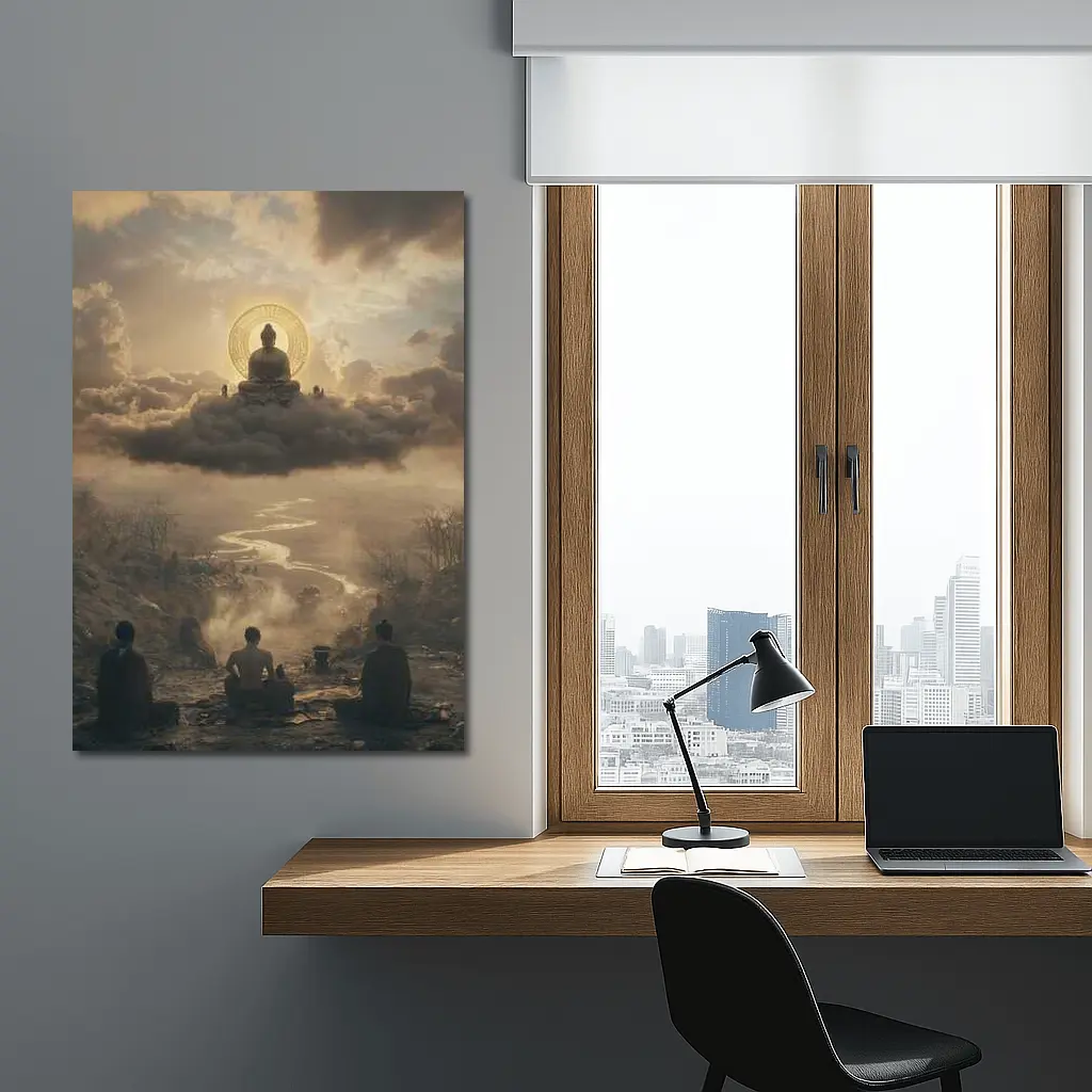 Buddha Meditating Above Clouds Worshippers Below – Wall Art