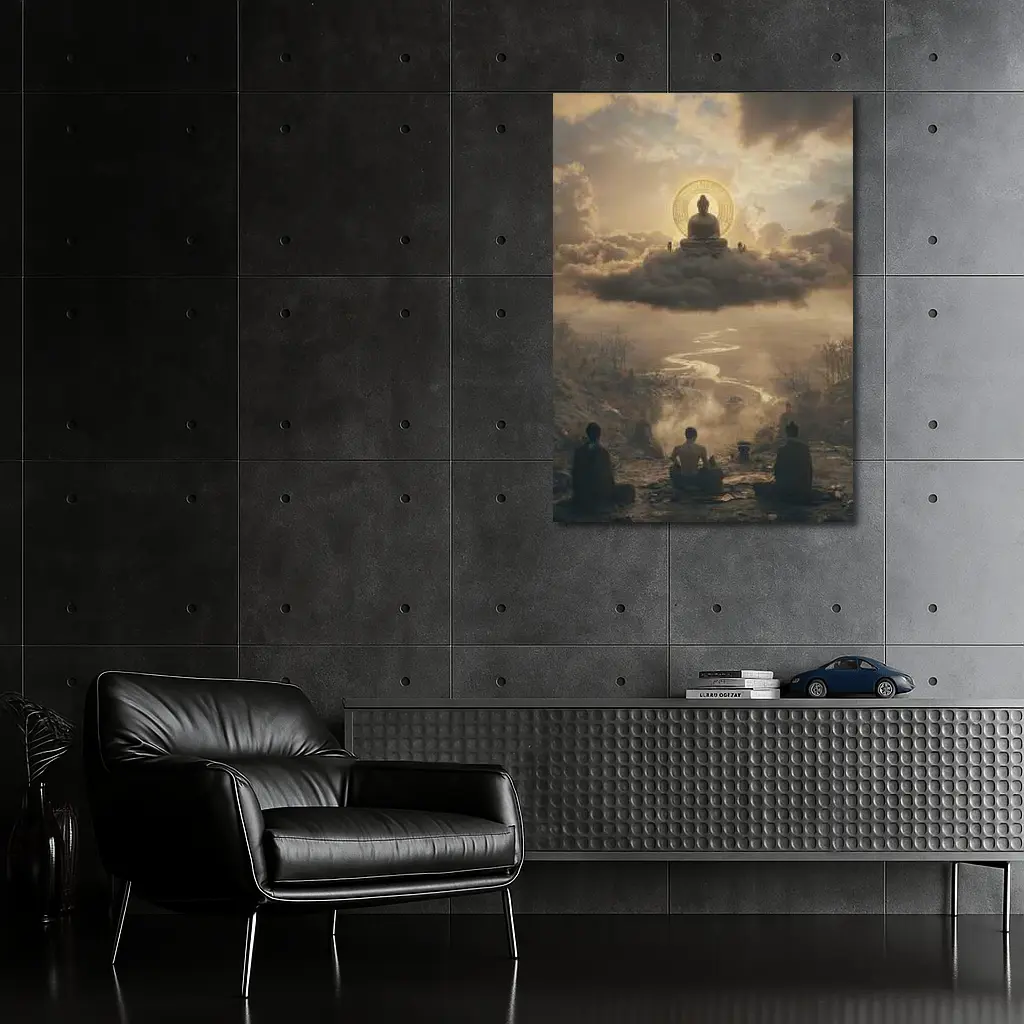 Buddha Meditating Above Clouds Worshippers Below – Wall Art