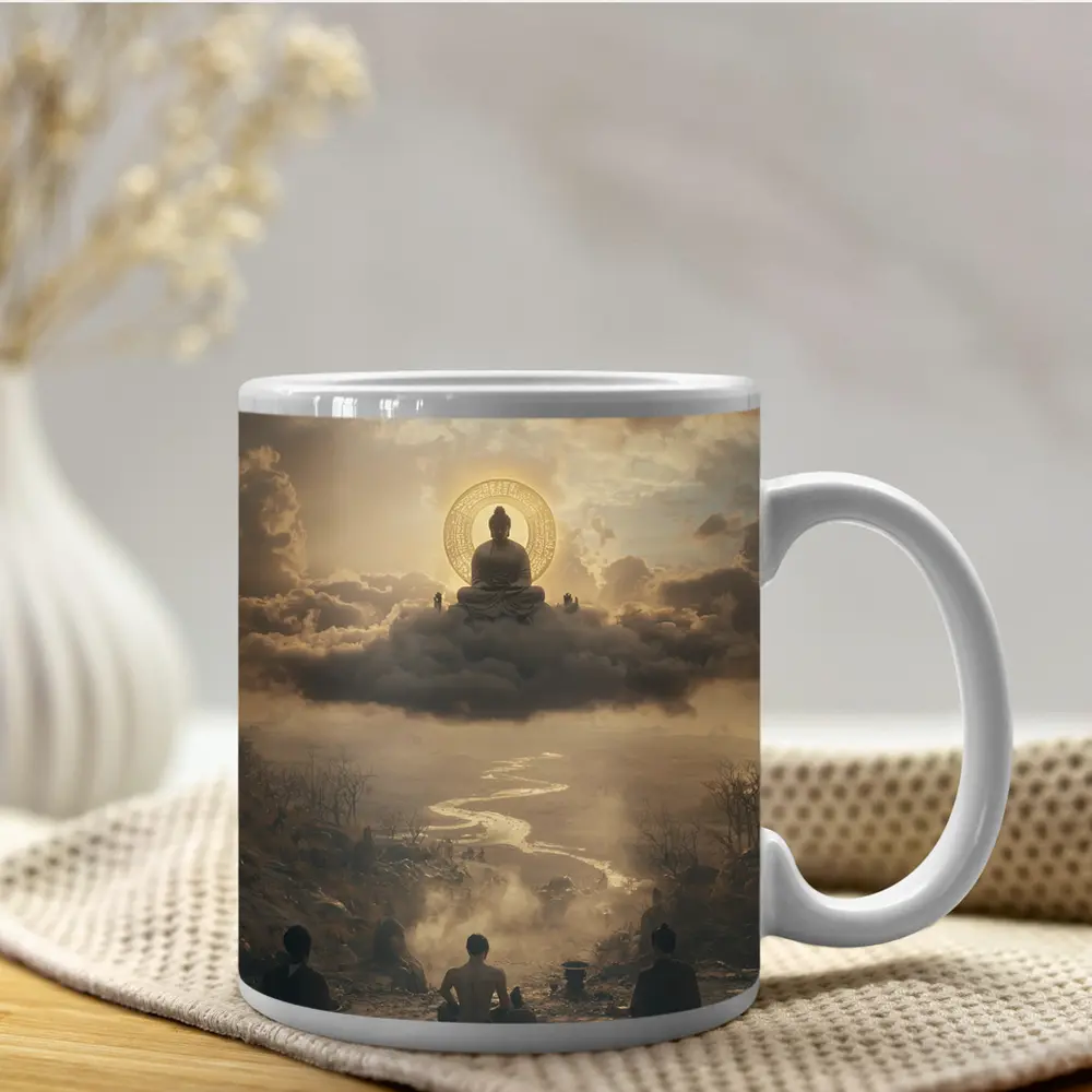 Buddha Meditating Above Clouds Worshippers Below – Mugs