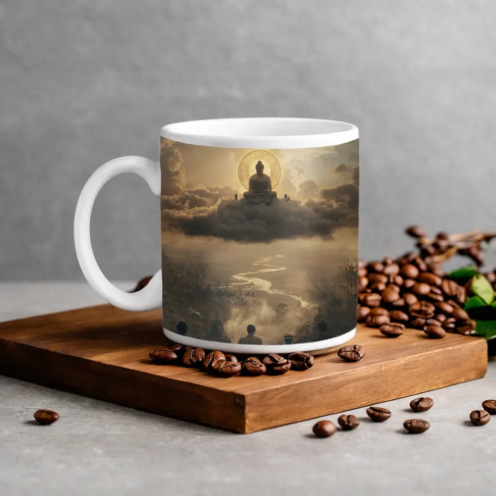 Buddha Meditating Above Clouds Worshippers Below – Mugs