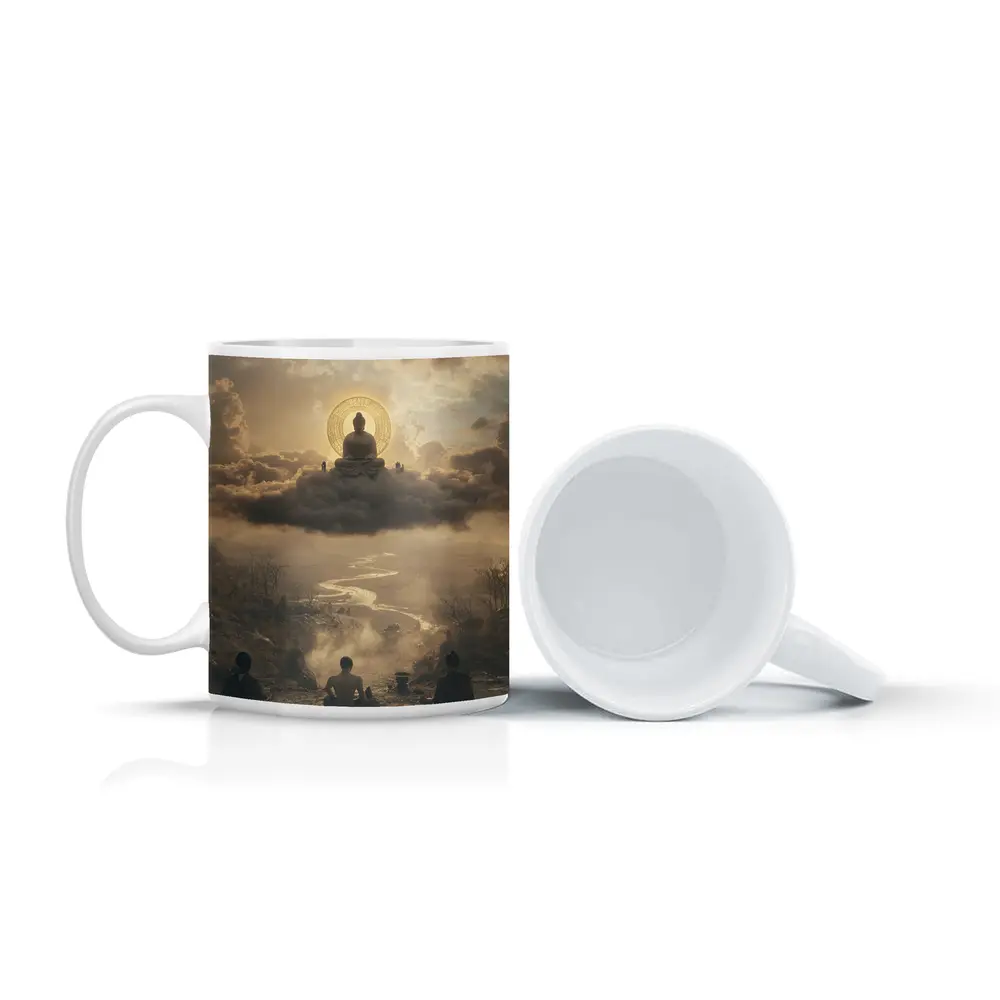 Buddha Meditating Above Clouds Worshippers Below – Mugs