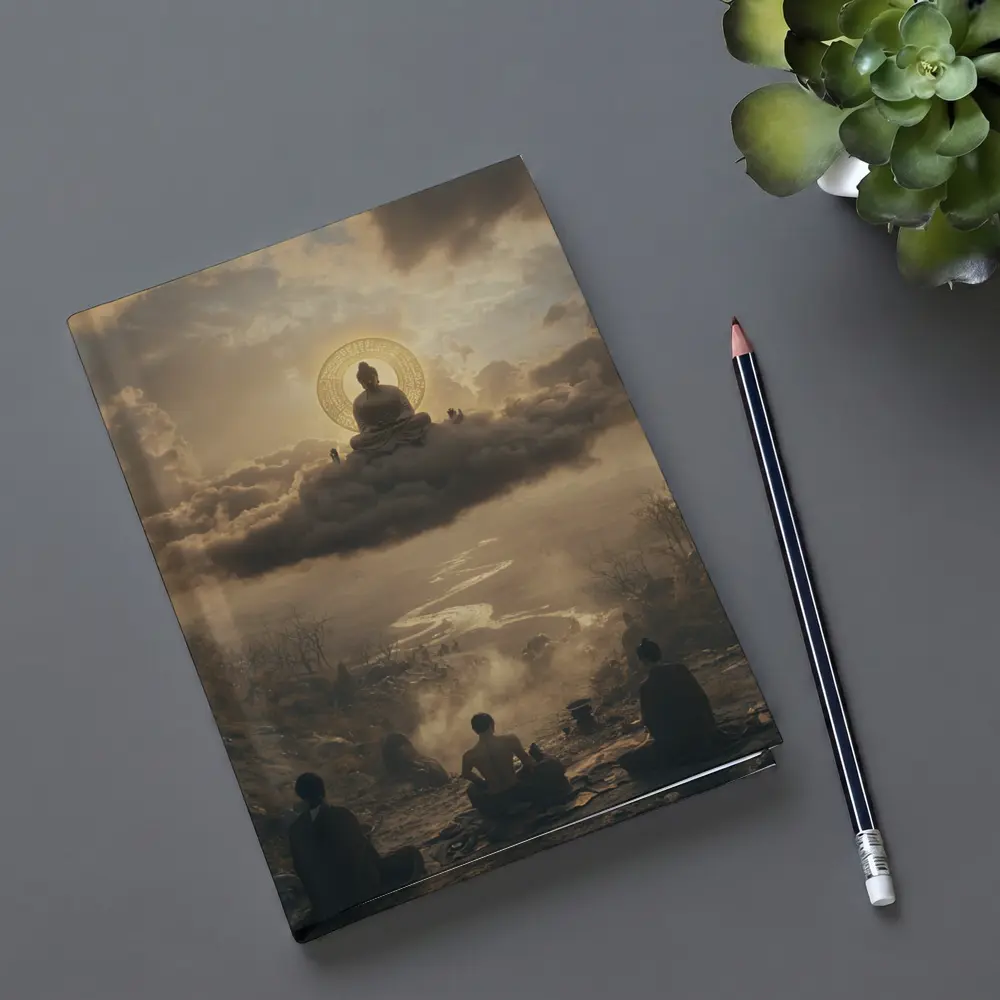 Buddha Meditating Above Clouds Worshippers Below – Notebooks