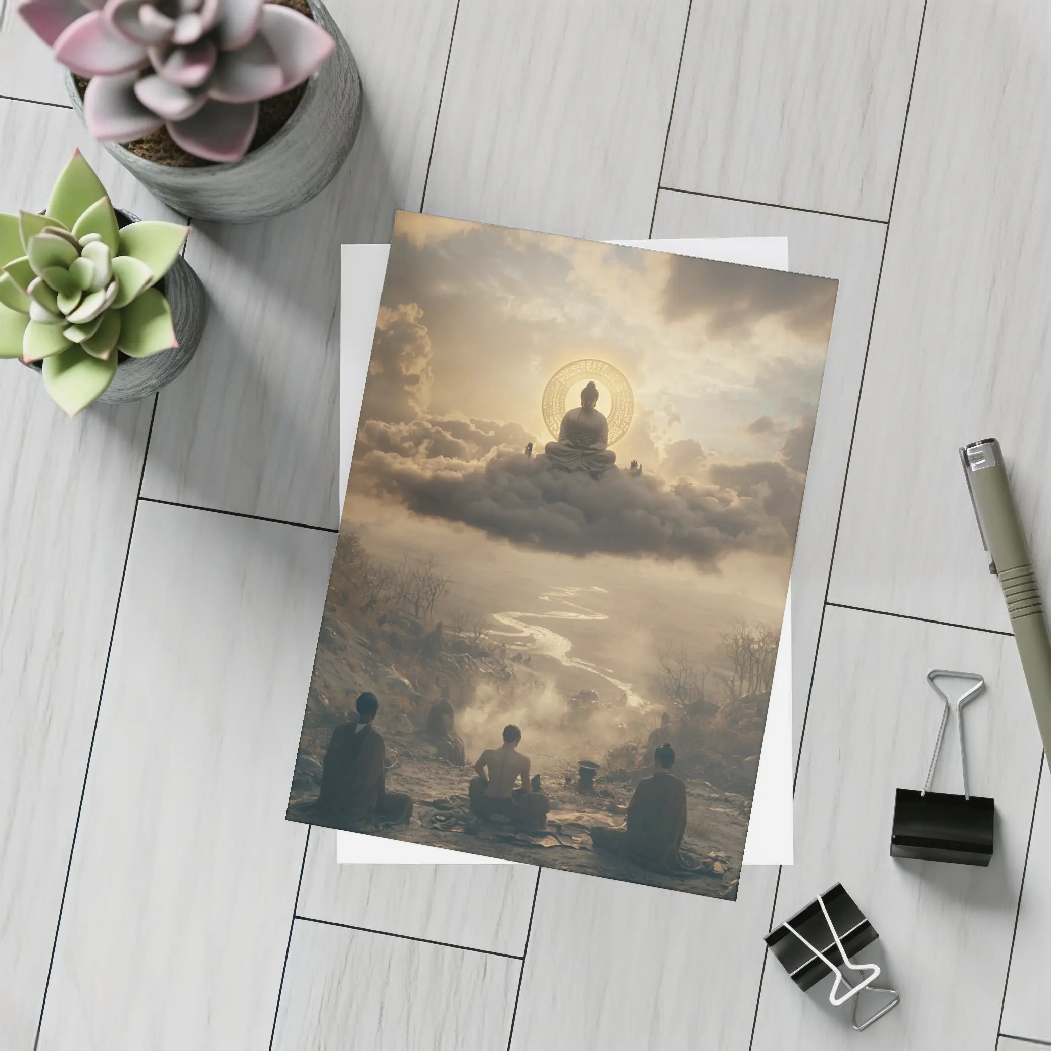 Buddha Meditating Above Clouds Worshippers Below – Postcards