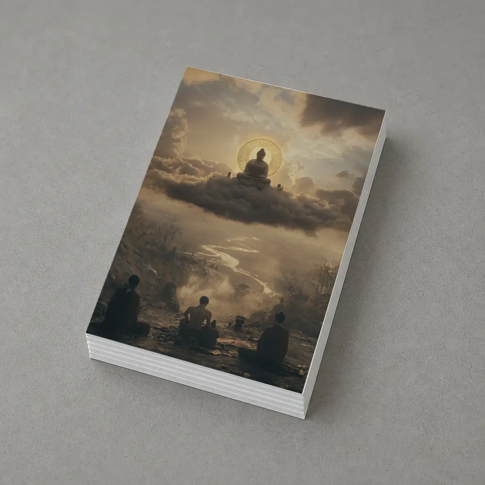 Buddha Meditating Above Clouds Worshippers Below – Postcards