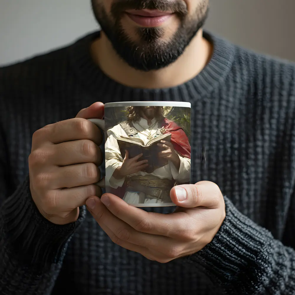 Jesus Christ Reading Holy Bible Painting Art – Mugs