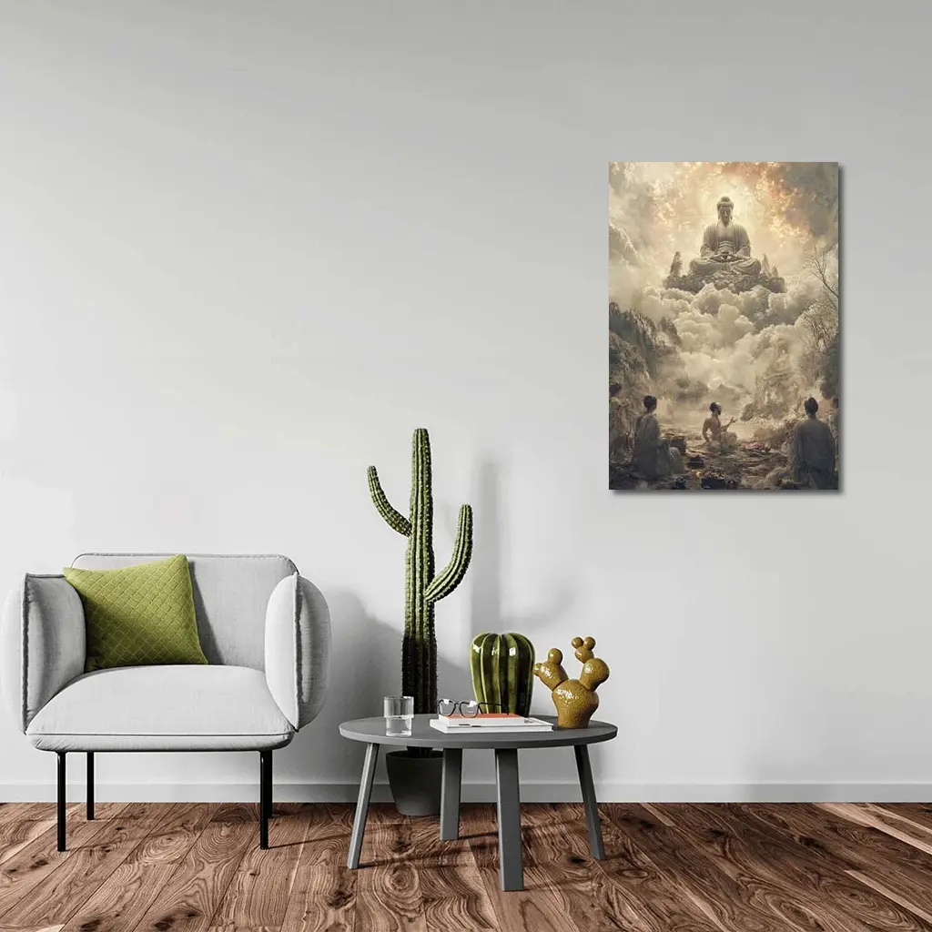 Buddha Floating Above Worshippers In Clouds – Wall Art