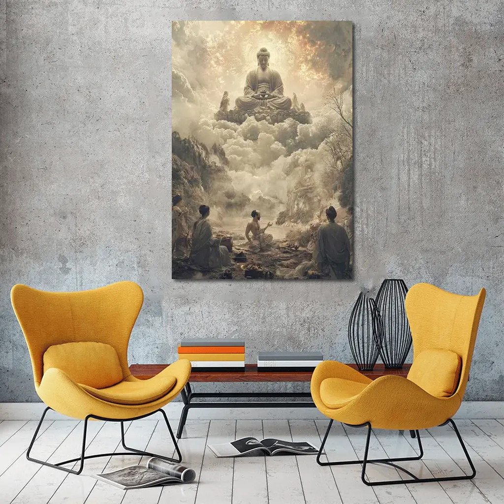 Buddha Floating Above Worshippers In Clouds – Wall Art