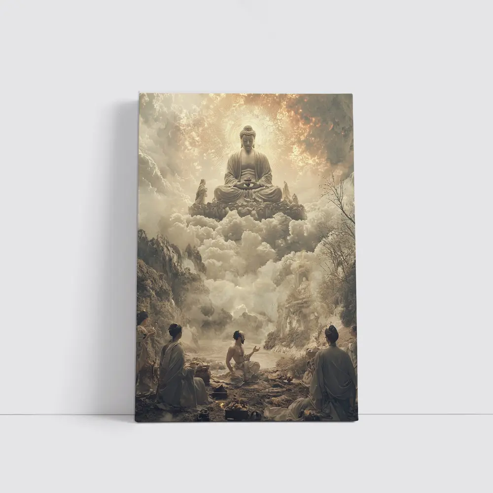 Buddha Floating Above Worshippers In Clouds – Wall Art