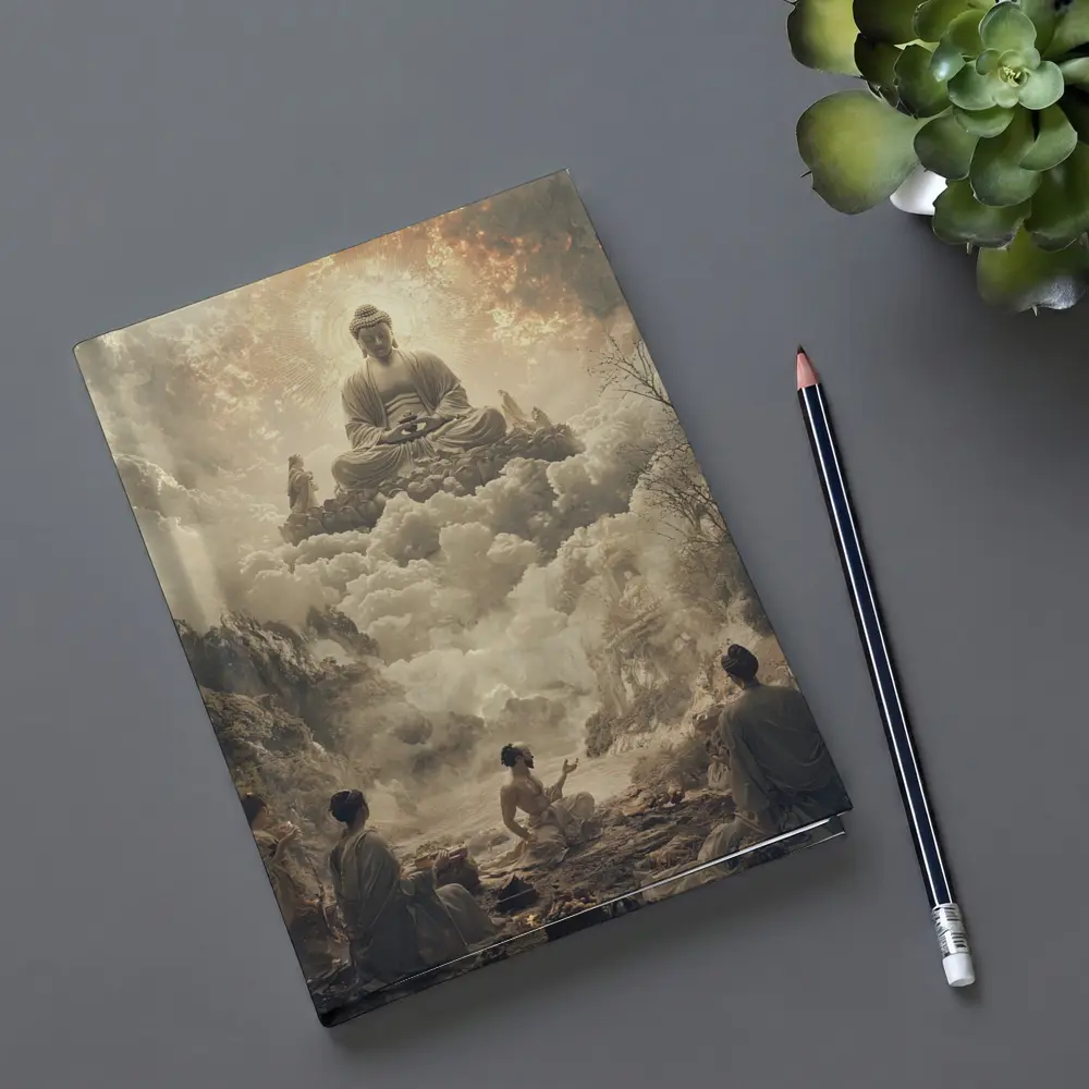 Buddha Floating Above Worshippers In Clouds – Notebooks