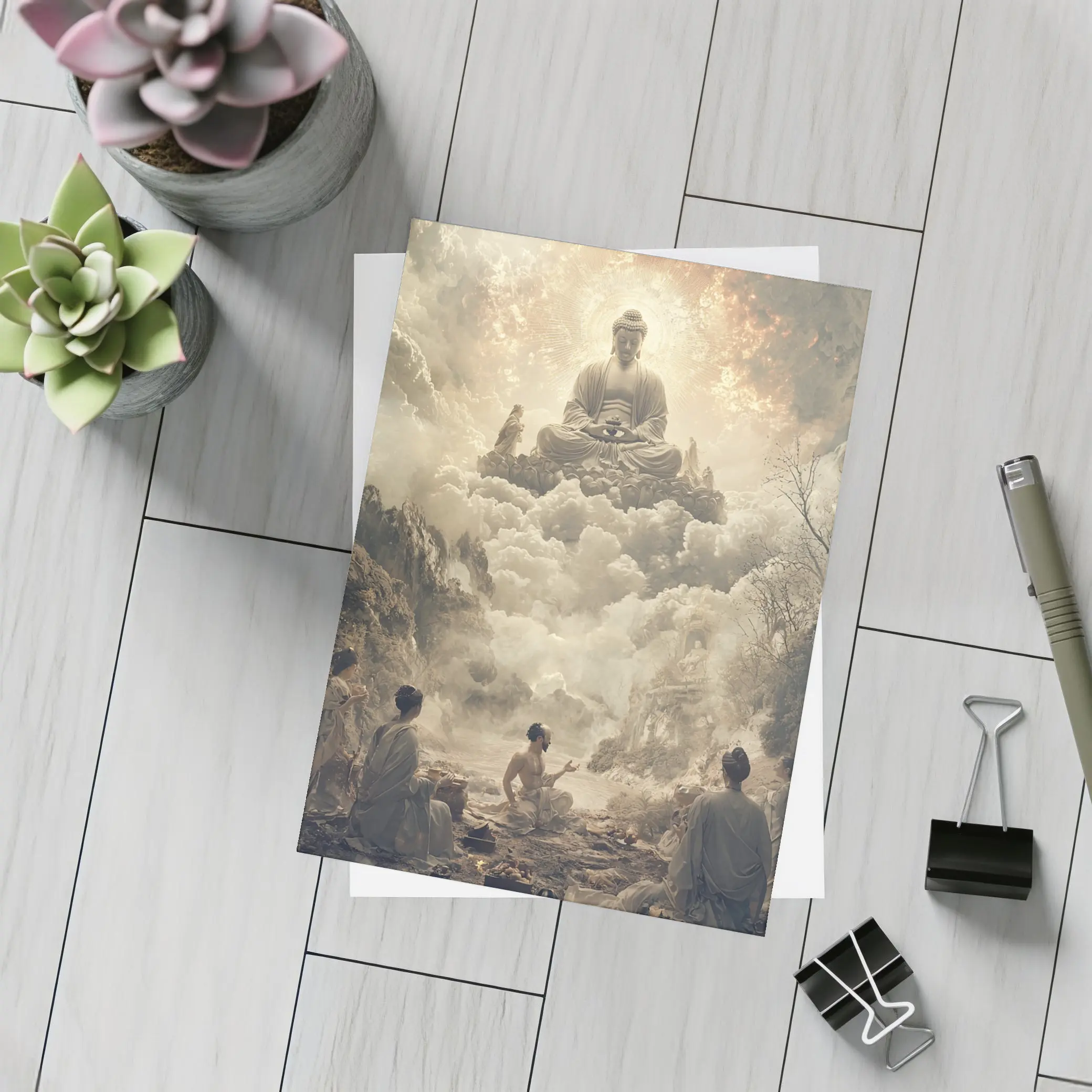 Buddha Floating Above Worshippers In Clouds – Postcards