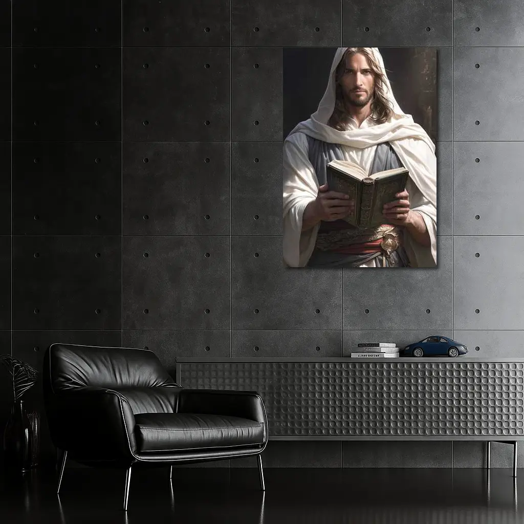 Jesus Christ Reading Holy Book Dark Background – Wall Art